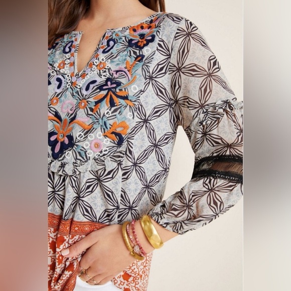 Anthropologie Tops - Anthropologie Terri Embroidered Peasant Boho Top Mixed Print Size Oversized